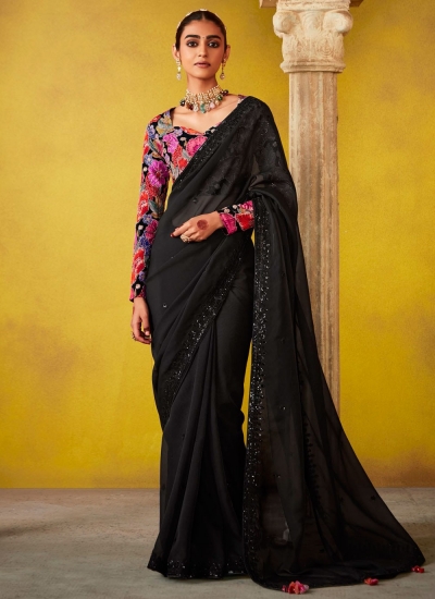 Black glass tissue sequins embroidered wedding saree with blouse 2158